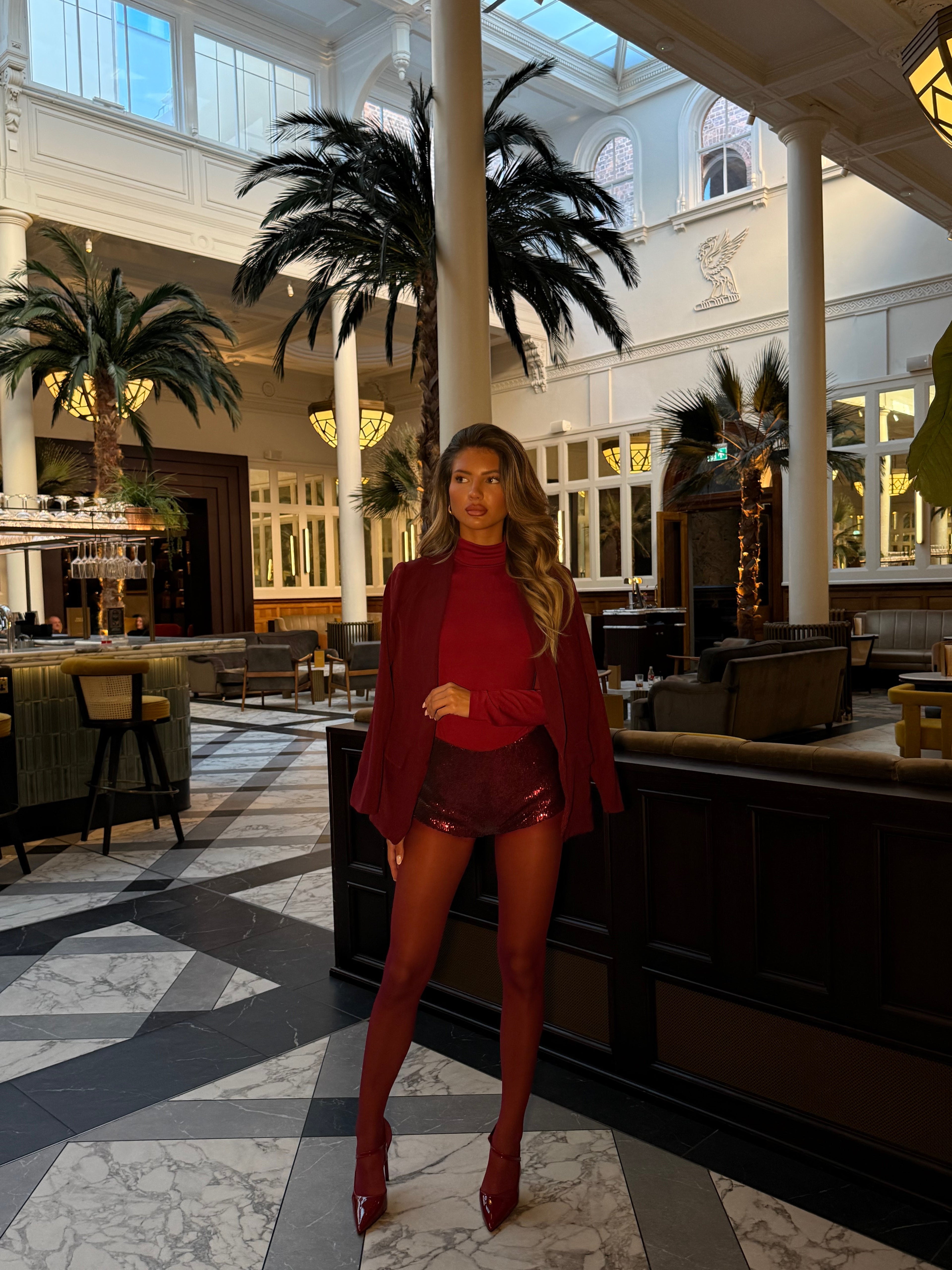 HOLLY SEQUIN STRETCH MINI SHORTS | WINE