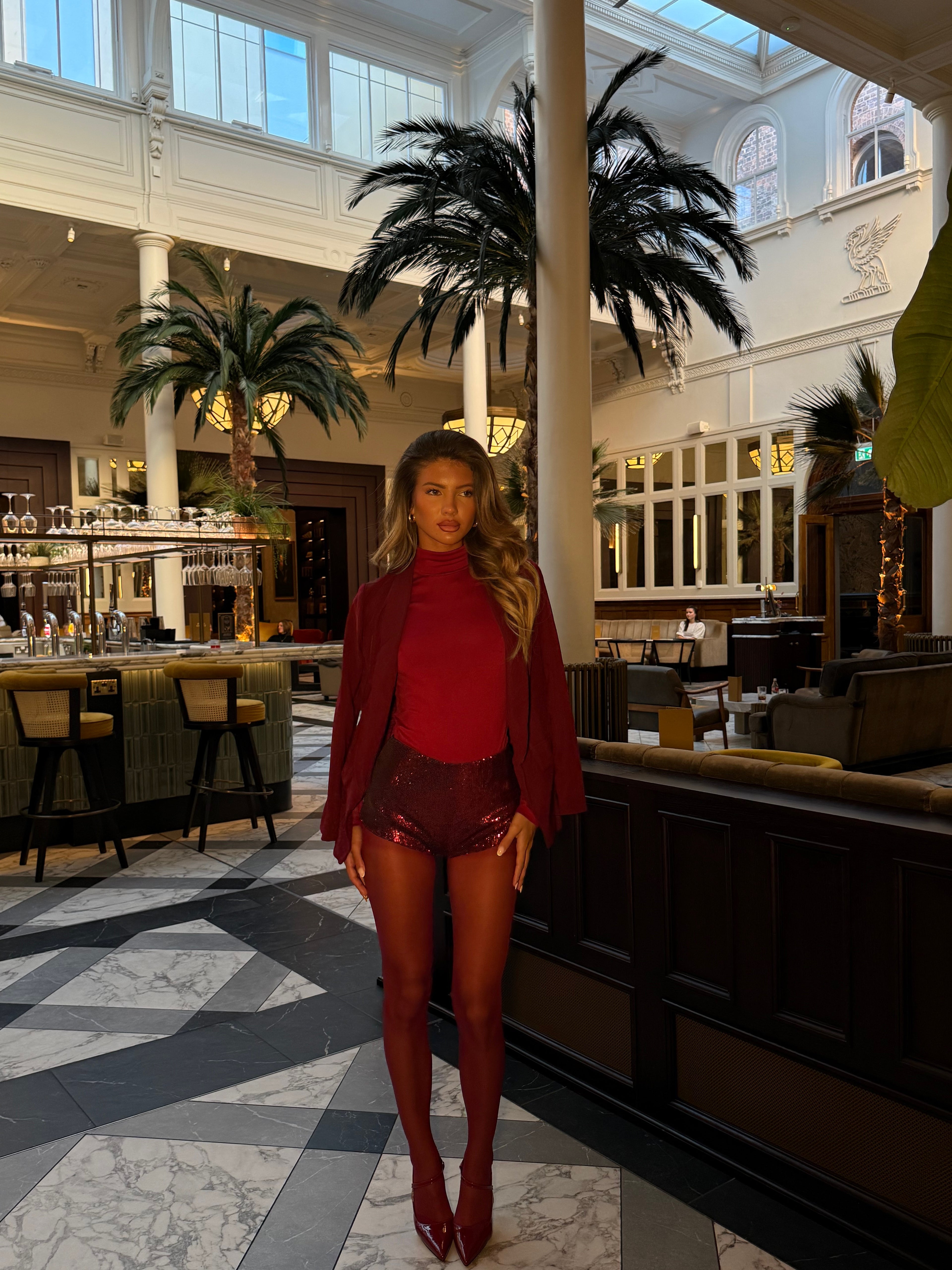 HOLLY SEQUIN STRETCH MINI SHORTS | WINE