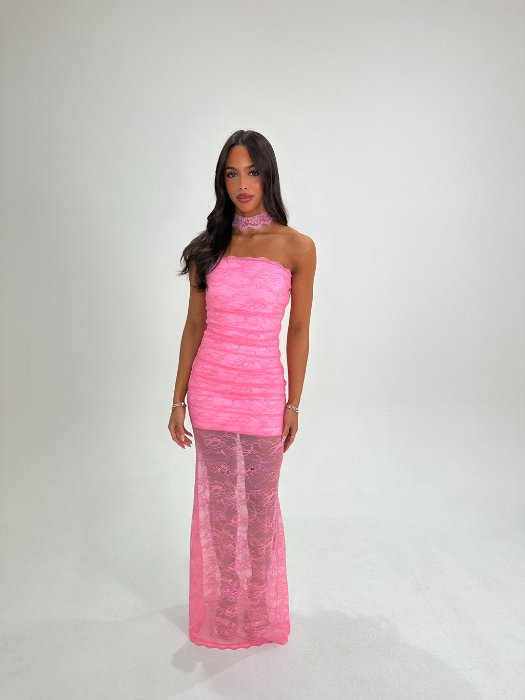 PINK RUCHED LACE MAXI & CHOKER