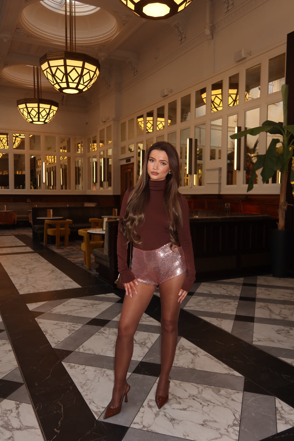 HOLLY SEQUIN STRETCH MINI SHORTS | CHOCOLATE