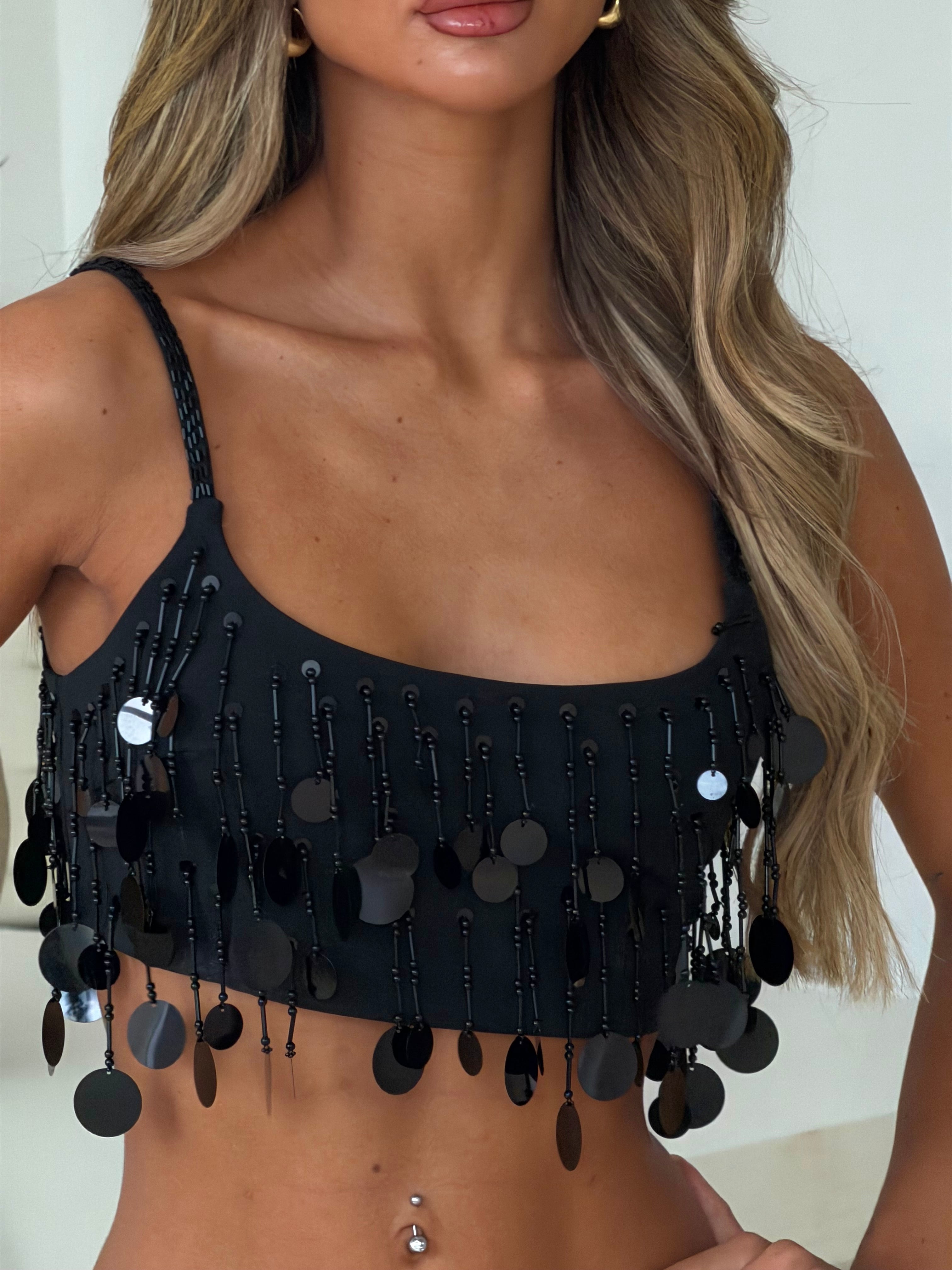 HANDSEWN SEQUIN PEARL TASSEL COORD | BLACK